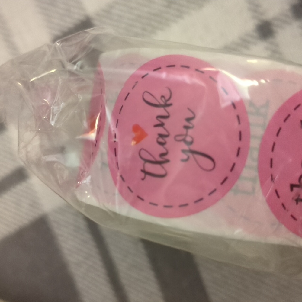 500 Round 1" pink thank you sticker Roll business, brides, Cards